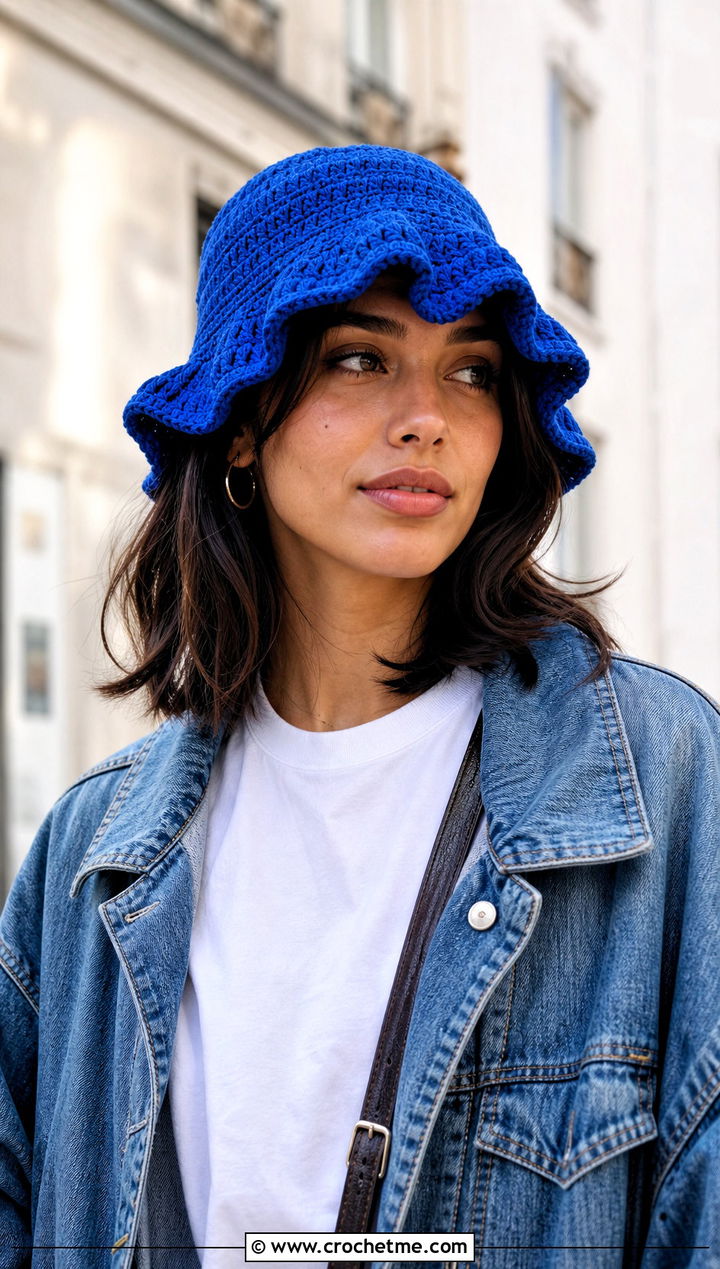 Wavy Brim Frilly Crochet Bucket Hat With Denim Jacket - 25 Frilly Crochet Bucket Hat outfit ideas