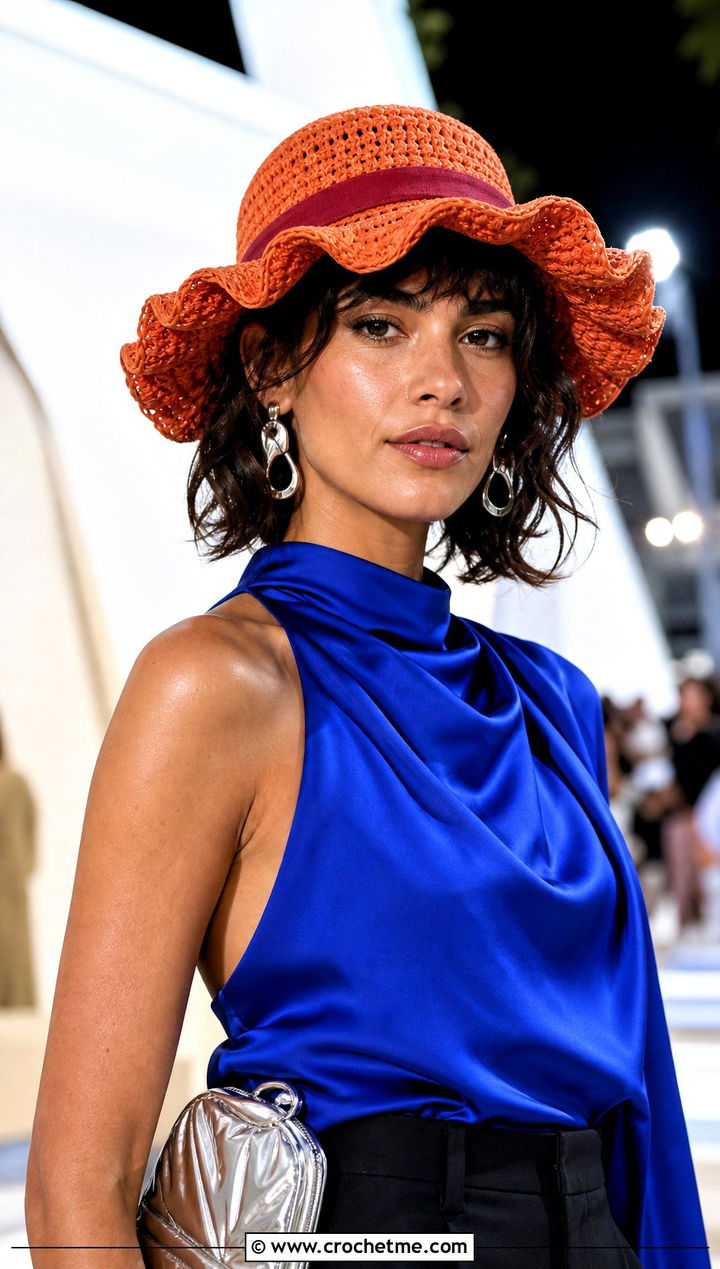 Wavy Brim Luffy Crochet Straw Hat With Satin Top And Trousers - 25 luffy crochet straw hat outfit ideas
