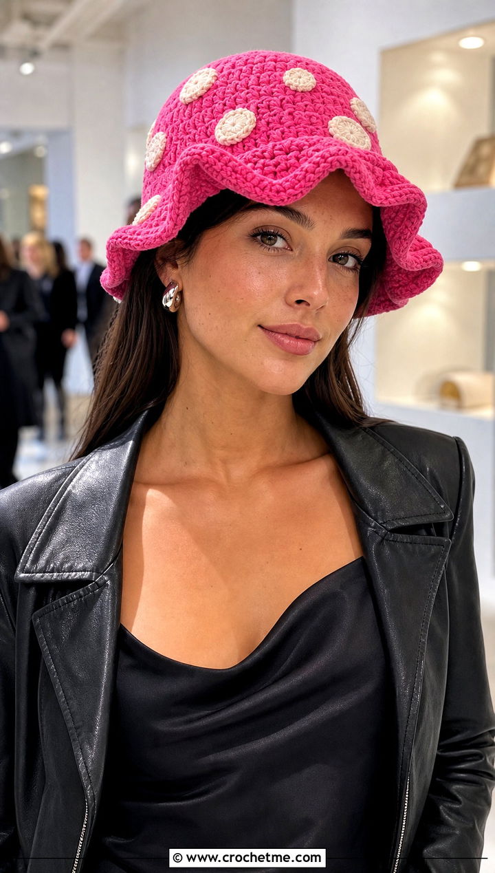 Wavy Brim Mushroom Crochet Bucket Hat With Slip Dress - 15 Mushroom Crochet Bucket Hat outfit ideas