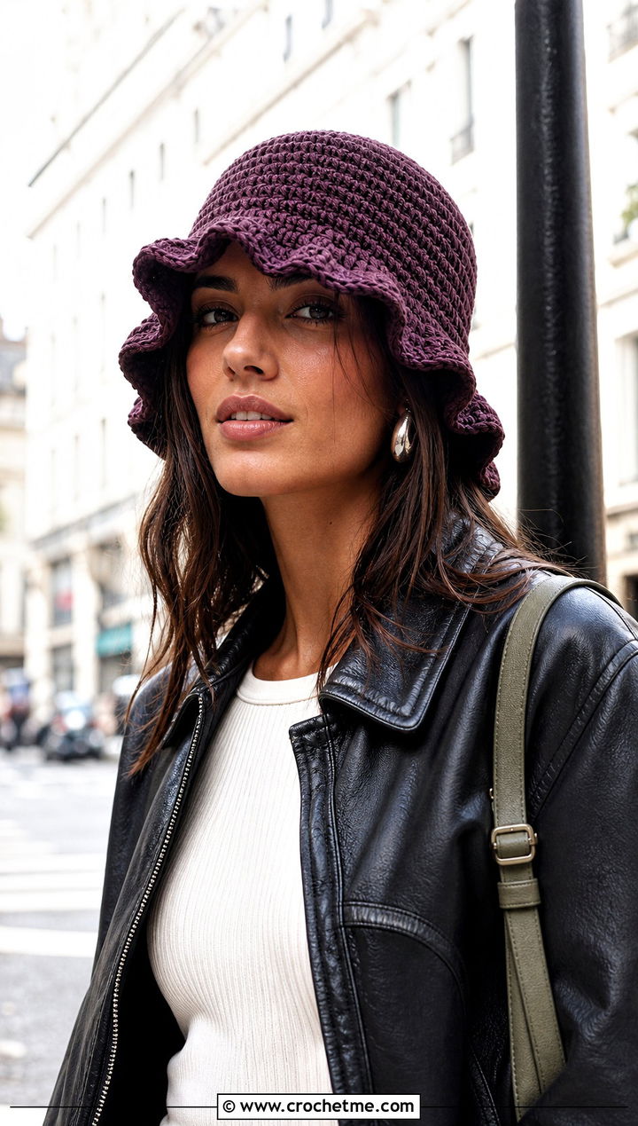Wavy Brim Purple Crochet Bucket Hat With Leather Jacket - 30 purple crochet bucket hat outfit ideas