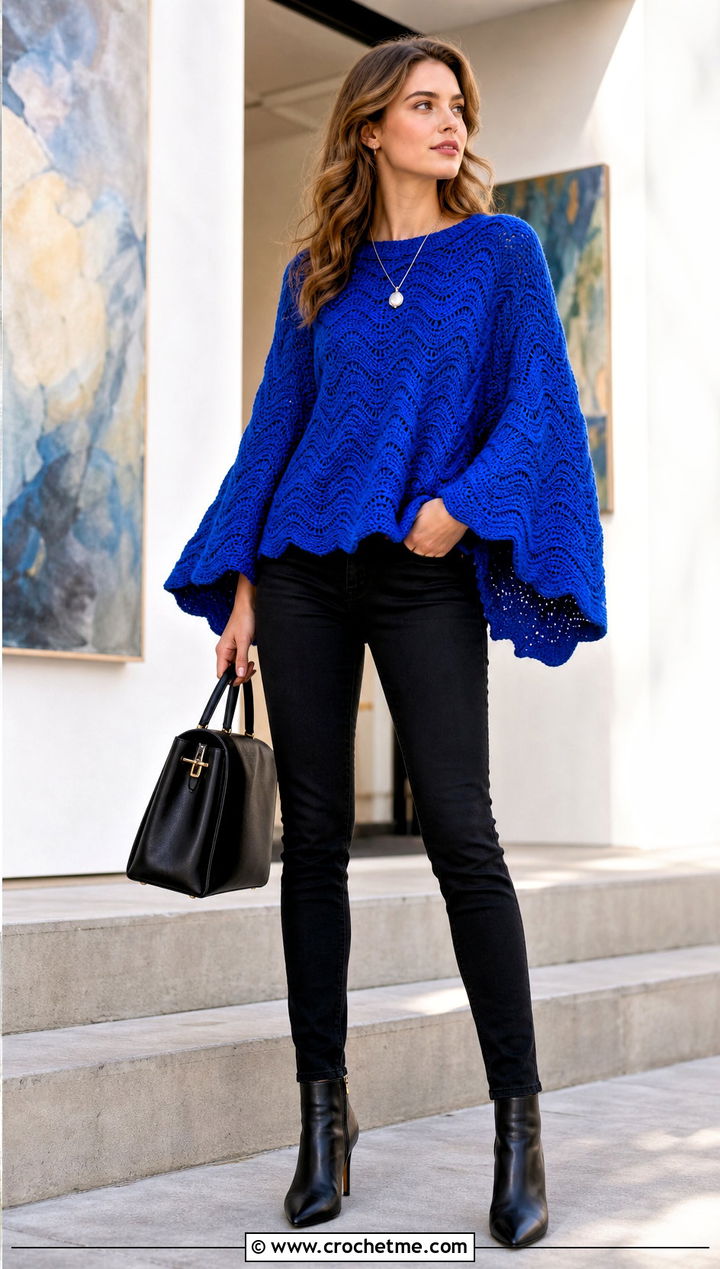 Wavy Cape Sleeve Crochet Sweater With Slim Jeans - 35 wavy crochet sweater outfit ideas