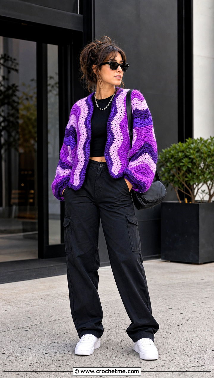 Wavy Colorblock Crochet Sweater With Black Cargo Pants - 35 wavy crochet sweater outfit ideas