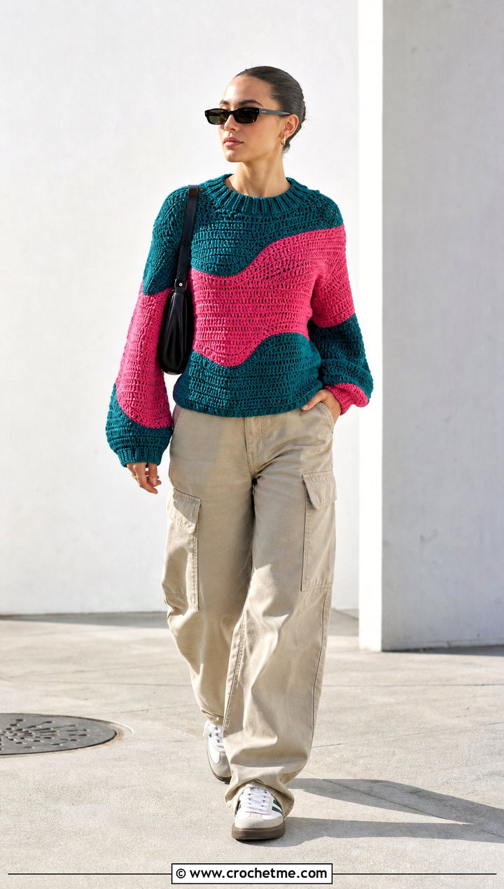 Wavy Colourblock Crochet Sweater With Cargo Pants - 15 Colourblock Crochet Sweater outfit ideas
