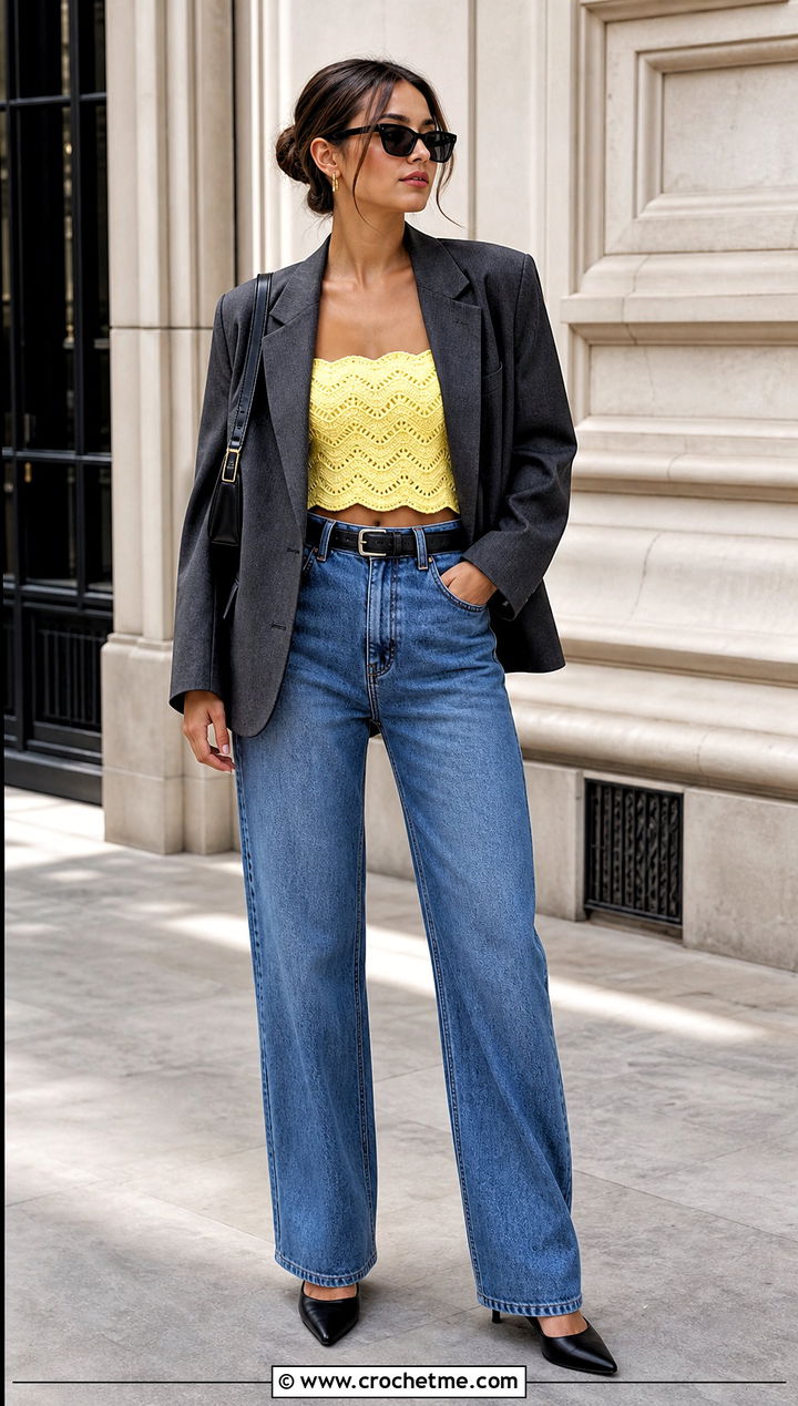 Wavy Crochet Bandeau Top With Oversized Blazer And Jeans - 25 wavy crochet top outfit ideas