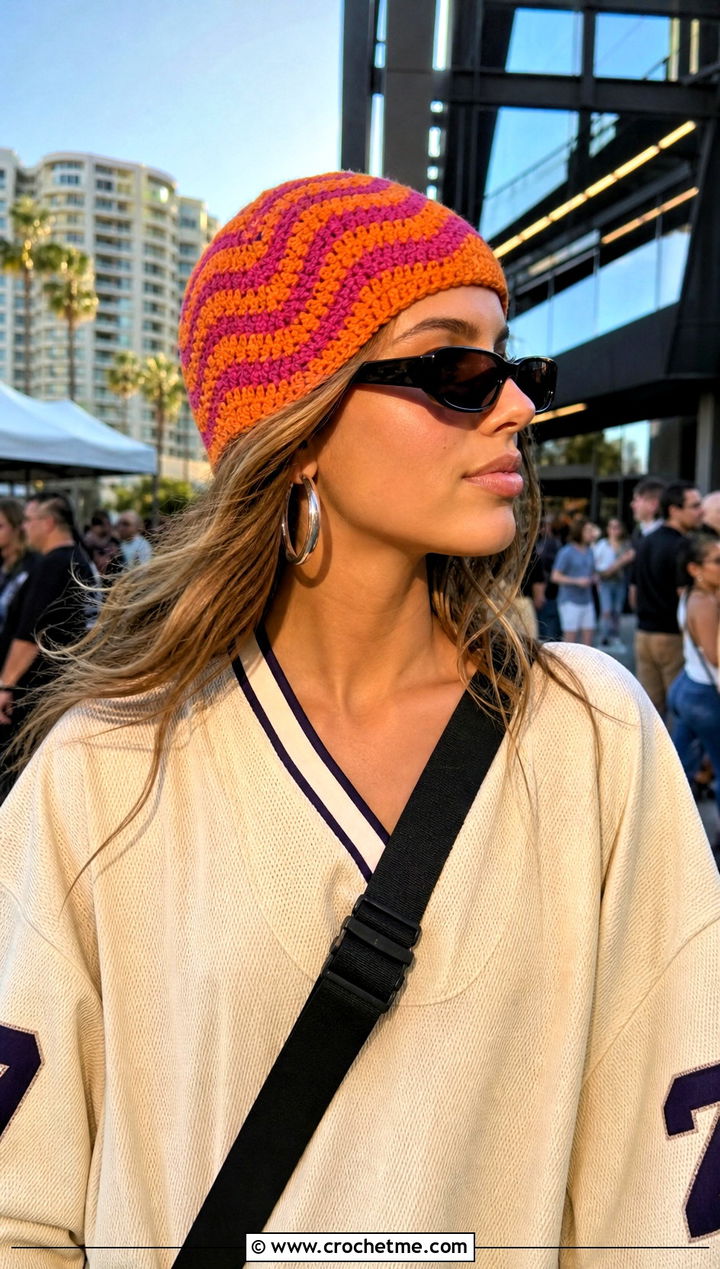 Wavy Crochet Beanie With Sports Jersey And Denim Capris - 30 summer crochet beanie outfit ideas