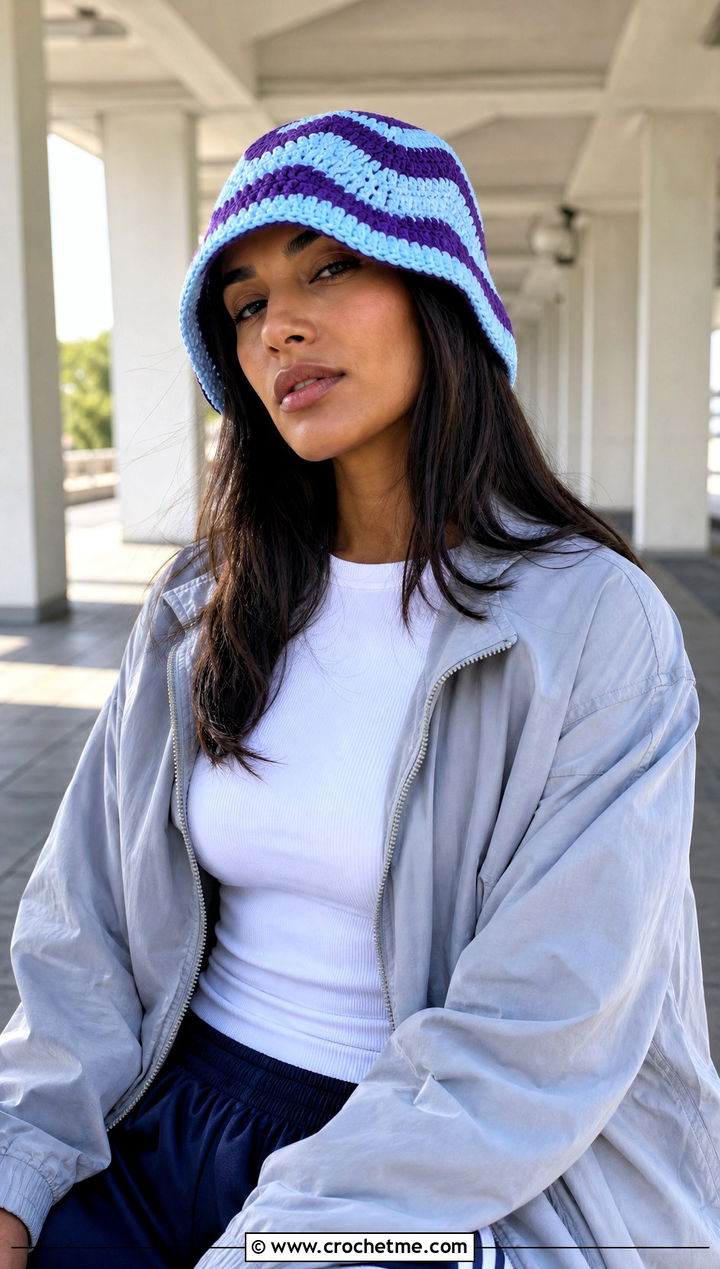 Wavy Crochet Bucket Hat With Track Pants - 25 Crochet Bucket Hat Design Ideas