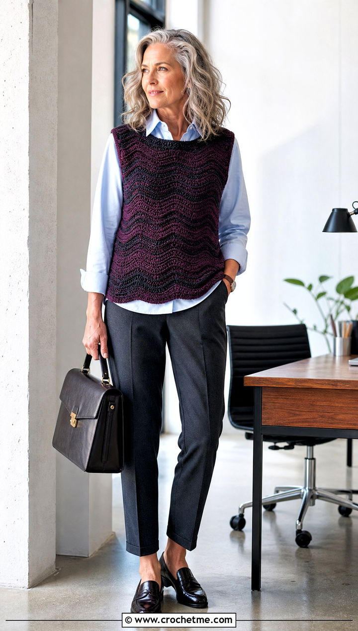 Wavy Crochet Vest Top With Poplin Shirt And Trousers - 25 wavy crochet top outfit ideas