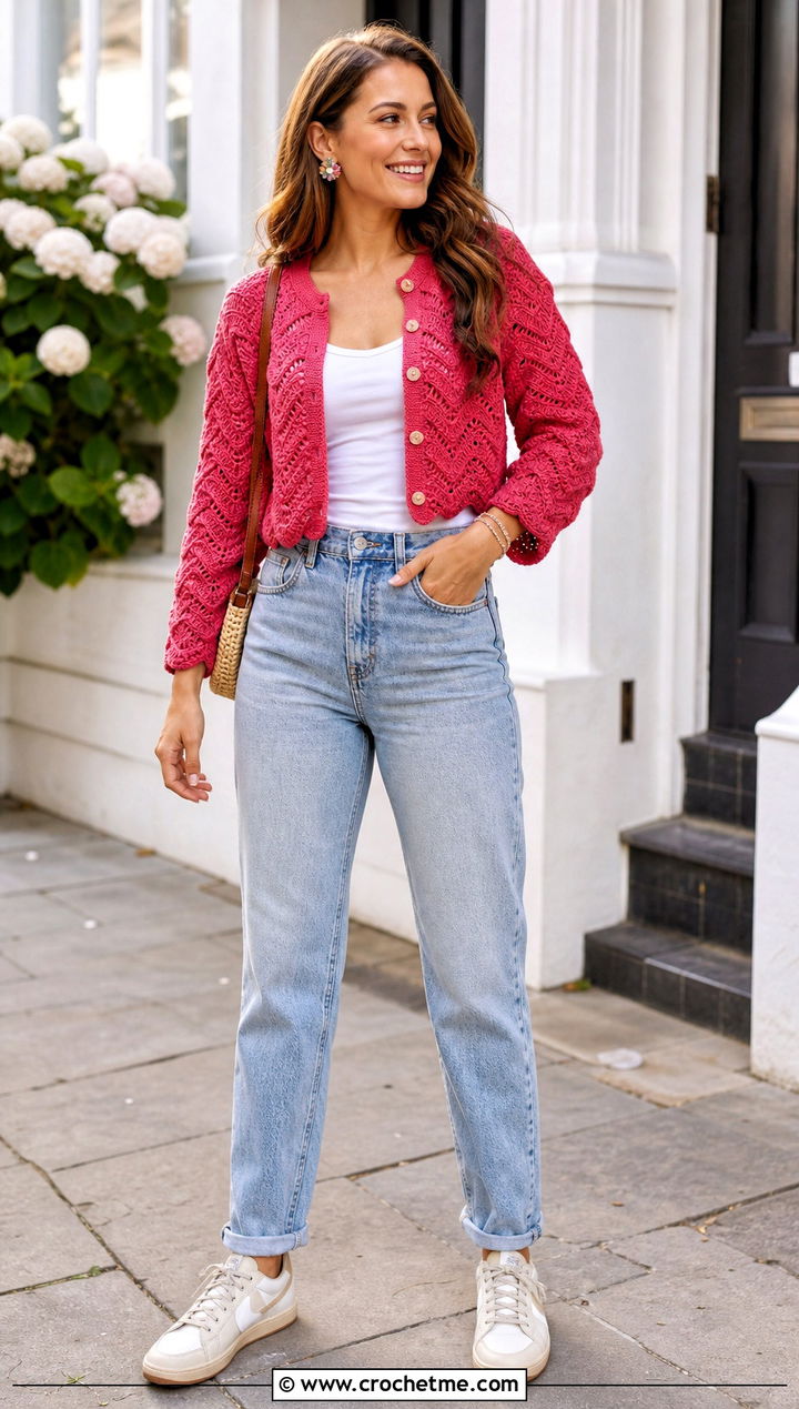 Wavy Cropped Crochet Cardigan Sweater With Mom Jeans - 35 wavy crochet sweater outfit ideas