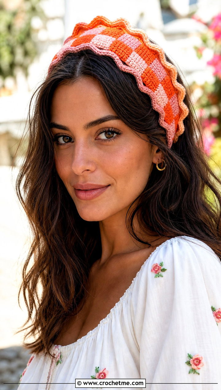 Wavy Edge Crochet Checkered Headband With Peasant Blouse And Flared Jeans - 25 crochet checkered headband outfit ideas