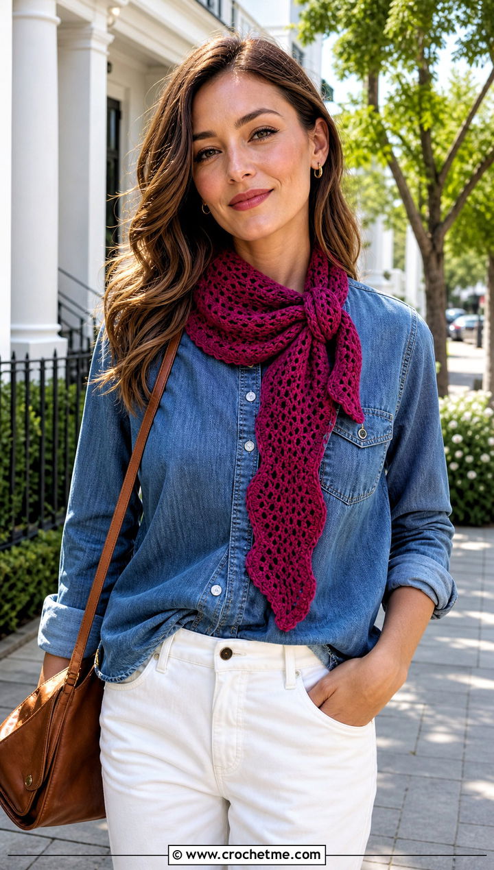Wavy Edge Crochet Scarf With Denim Shirt and White Pants - 25 wavy crochet scarf outfit ideas
