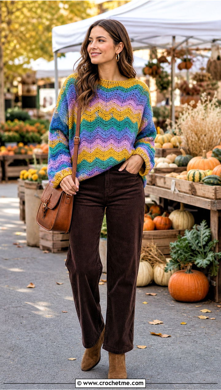 Wavy Granny Stripe Crochet Sweater With Corduroy Pants - 35 wavy crochet sweater outfit ideas