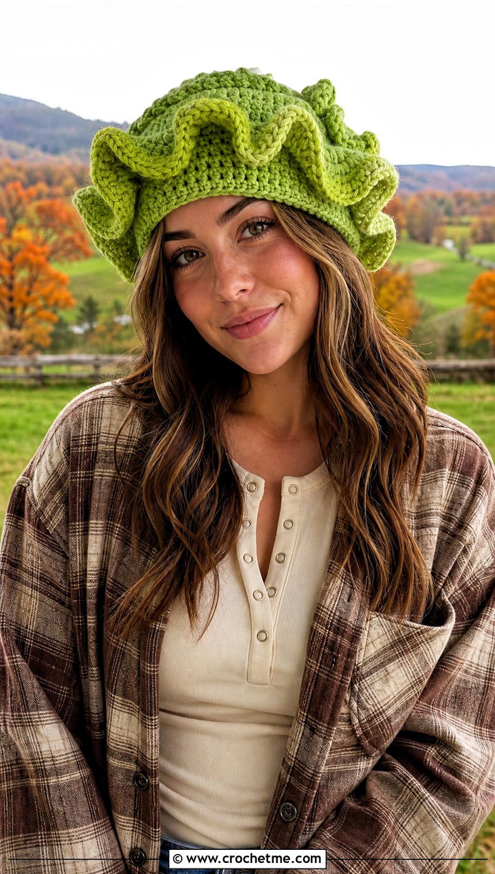 Wavy Hair Cabbage Patch Crochet Hat With Plaid Shacket - 25 Cabbage Patch Crochet Hat outfit ideas