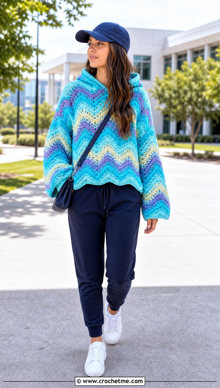 Wavy Hooded Crochet Sweater With Joggers - 35 wavy crochet sweater outfit ideas