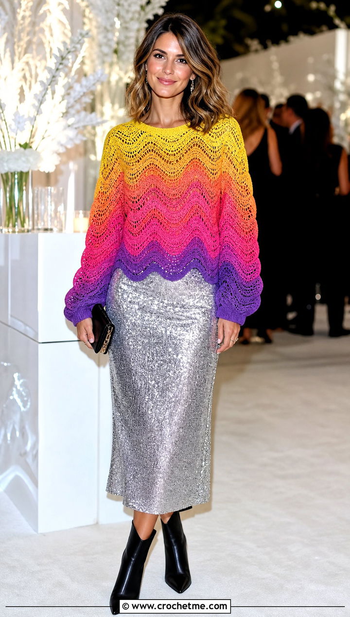 Wavy Ombre Crochet Sweater With Sequin Skirt - 35 wavy crochet sweater outfit ideas