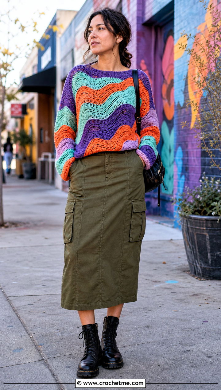 Wavy Patchwork Crochet Sweater With Utility Skirt - 35 wavy crochet sweater outfit ideas