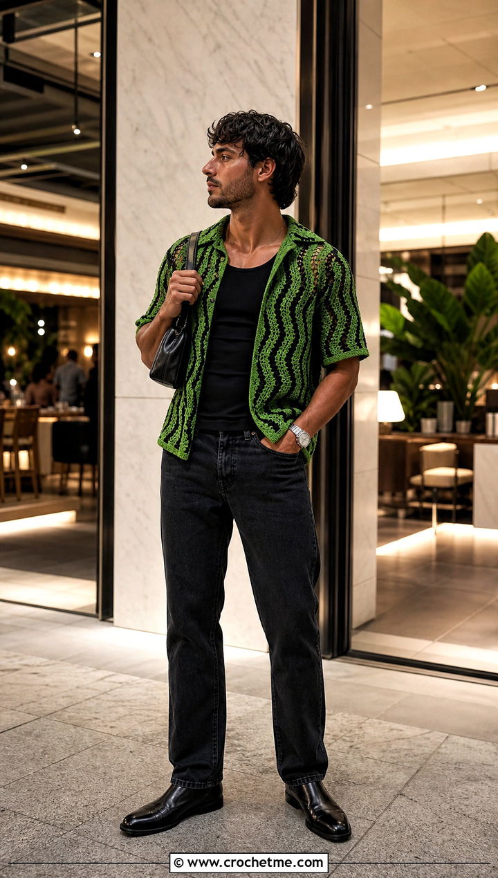 Wavy Pointelle Crochet Shirt With Black Jeans - 35 men's crochet shirt outfit ideas