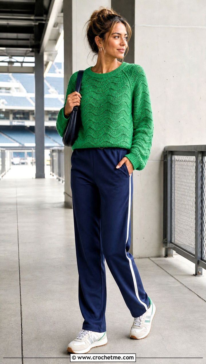 Wavy Raglan Crochet Sweater With Track Pants - 35 wavy crochet sweater outfit ideas