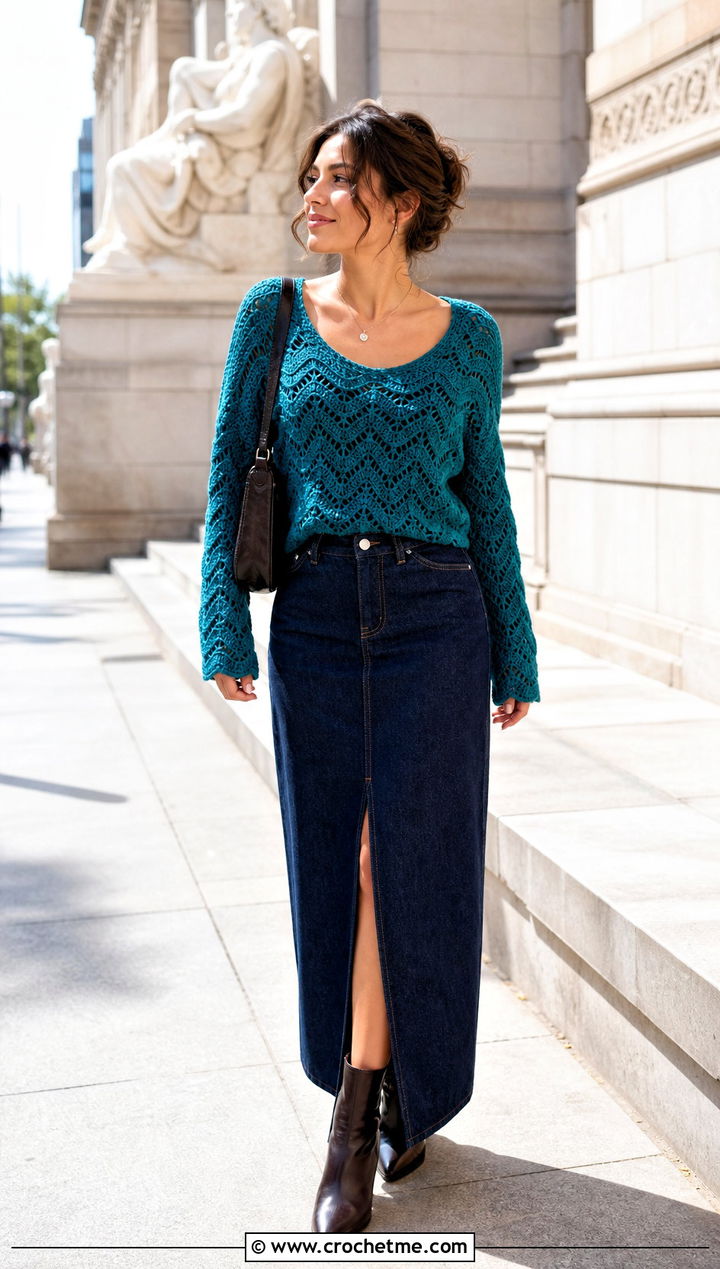 Wavy Scoop Neck Crochet Sweater With Maxi Denim Skirt - 35 wavy crochet sweater outfit ideas