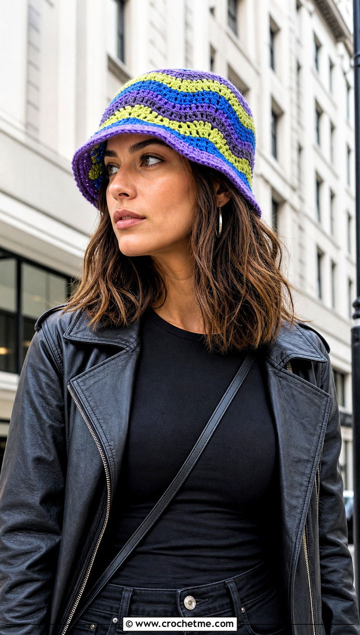 Wavy Scrap Happy Crochet Bucket Hat With Leather Jacket And Black Jeans - 15 Scrap Happy Crochet Bucket Hat outfit ideas