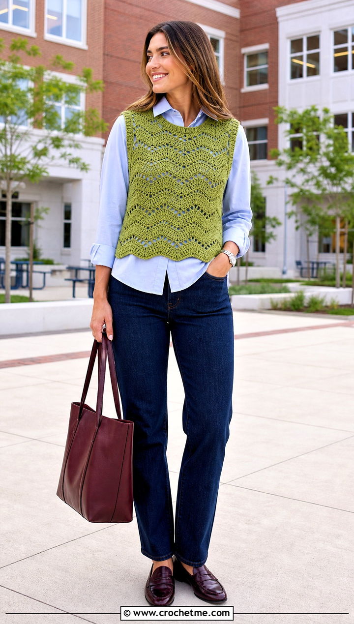 Wavy Sleeveless Crochet Sweater With Poplin Shirt - 35 wavy crochet sweater outfit ideas