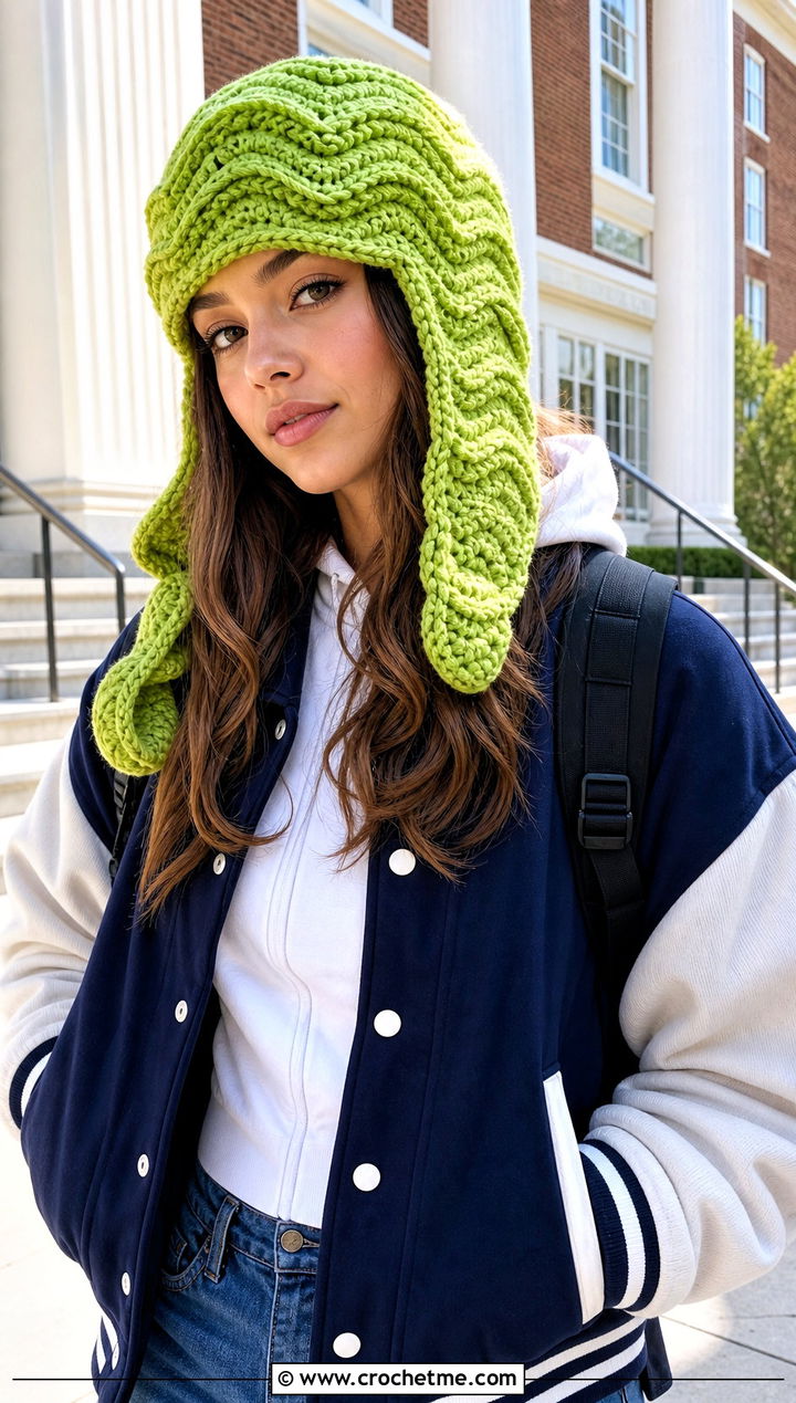 Wavy Stitch Crochet Ushanka Hat With Varsity Jacket - 30 crochet ushanka hat outfit ideas