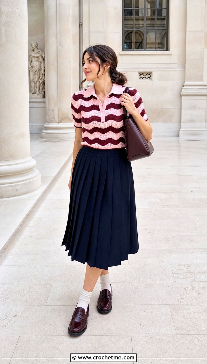 Wavy Stripe Crochet Polo Top With Pleated Skirt - 20 wave crochet top outfit ideas