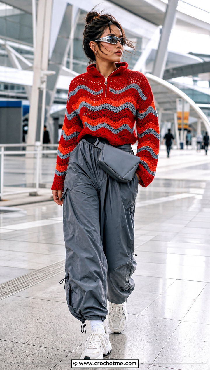 Wavy Zip Neck Crochet Sweater With Parachute Pants - 35 wavy crochet sweater outfit ideas
