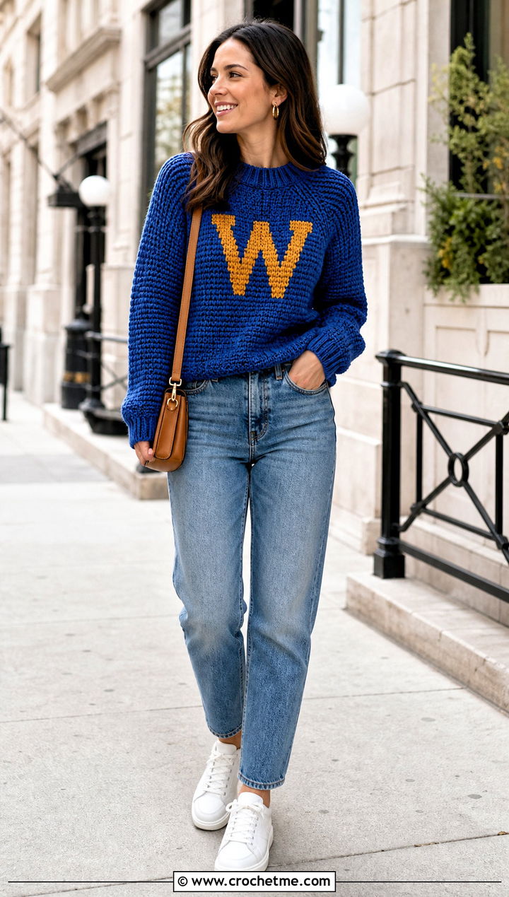 Weasley Initial Crochet Sweater With Straight Leg Jeans - 25 Harry Potter Crochet Sweater outfit ideas