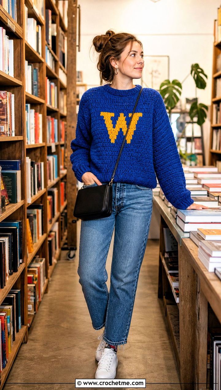 Weasley Initial Crochet Sweater With Straight Leg Jeans - 35 crochet harry potter sweater outfit ideas