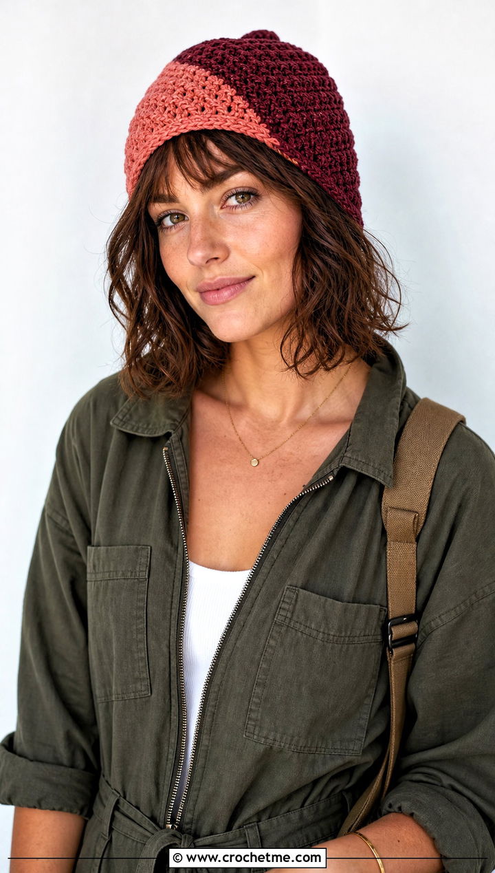 Wedge Short Row Crochet Hat With Utility Jumpsuit - 25 short row crochet hat outfit ideas