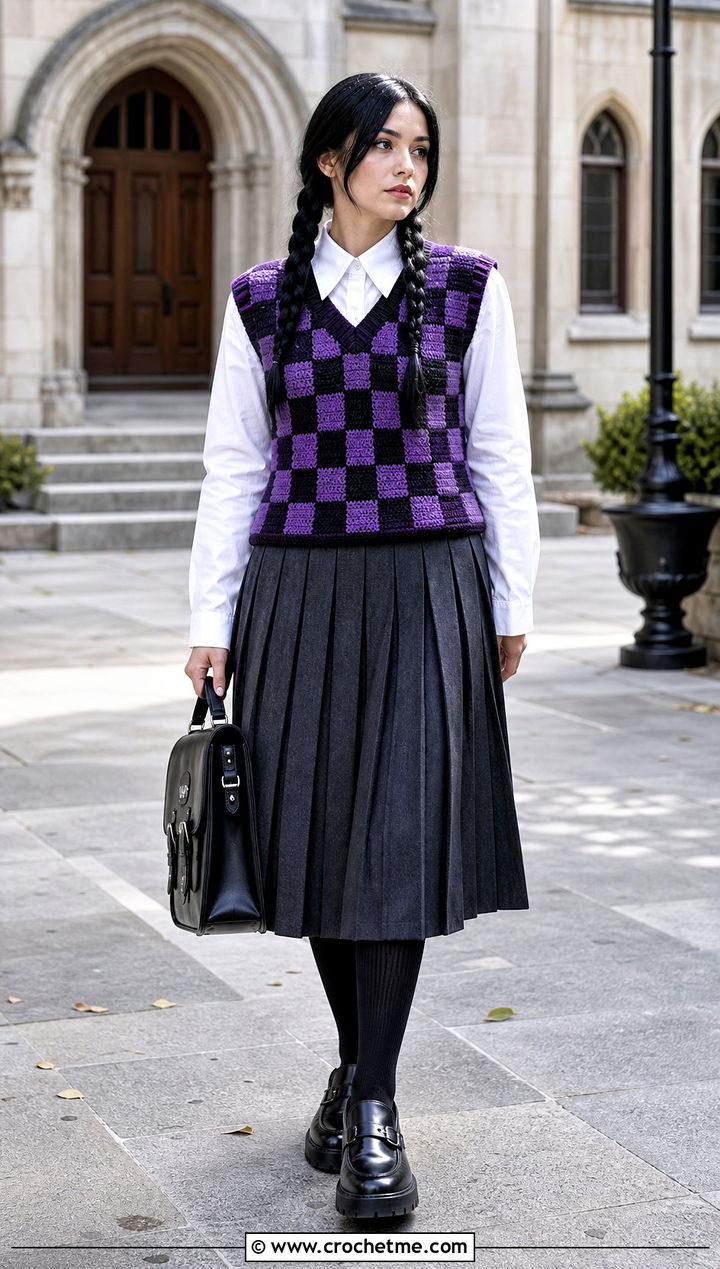 Wednesday Addams Checkerboard Crochet Vest Outfit - 15 Wednesday Addams Crochet Clothes and outfit ideas