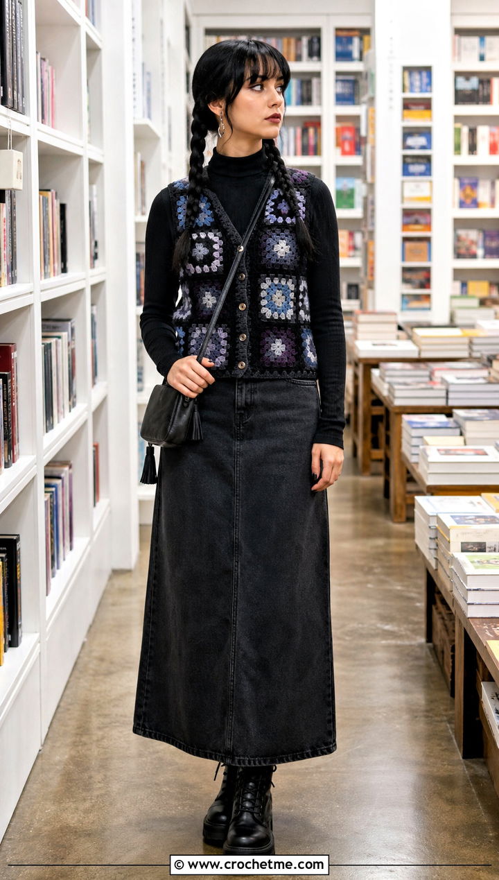 Wednesday Addams Granny Square Crochet Vest Outfit - 15 Wednesday Addams Crochet Clothes and outfit ideas