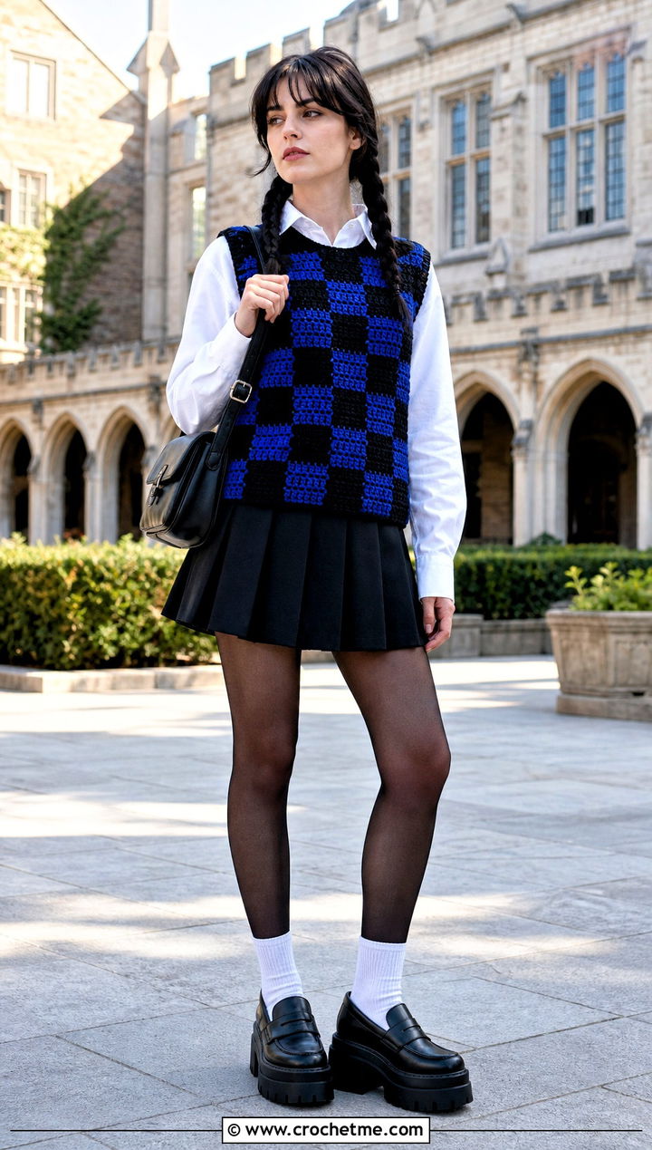 Wednesday Crochet Checkerboard Sweater Vest With Pleated Skirt - 15 Wednesday Crochet Sweater outfit ideas