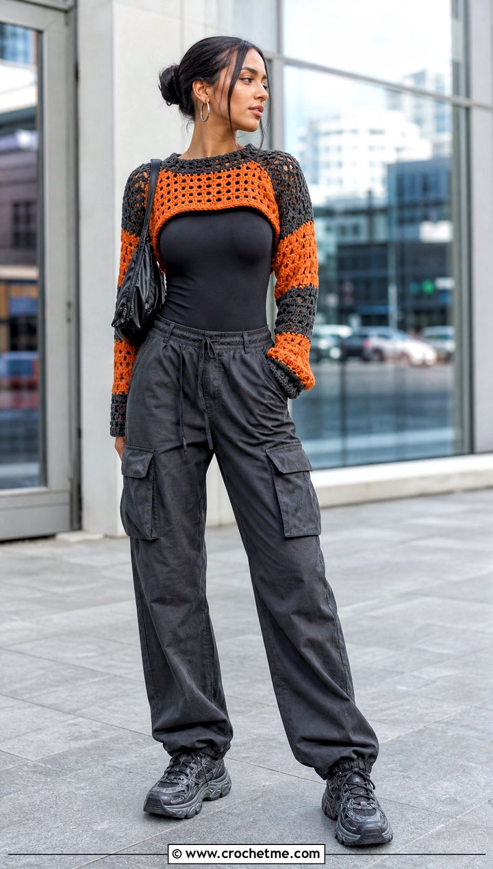 Wednesday Crochet Cropped Raglan Sweater With Cargo Pants - 15 Wednesday Crochet Sweater outfit ideas