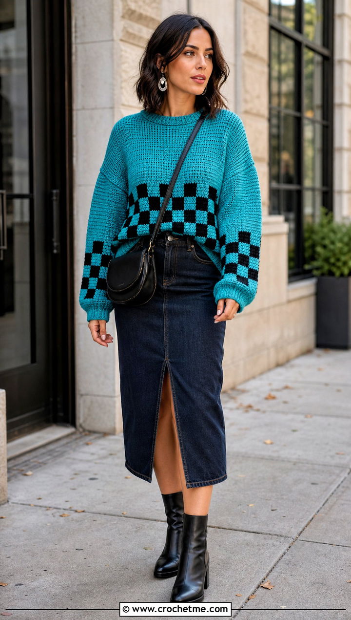 Wednesday Crochet Drop Shoulder Sweater With Denim Midi Skirt - 15 Wednesday Crochet Sweater outfit ideas