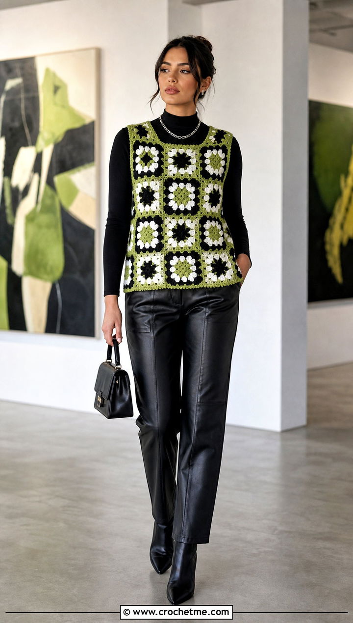 Wednesday Crochet Granny Square Sweater Vest With Leather Pants - 15 Wednesday Crochet Sweater outfit ideas