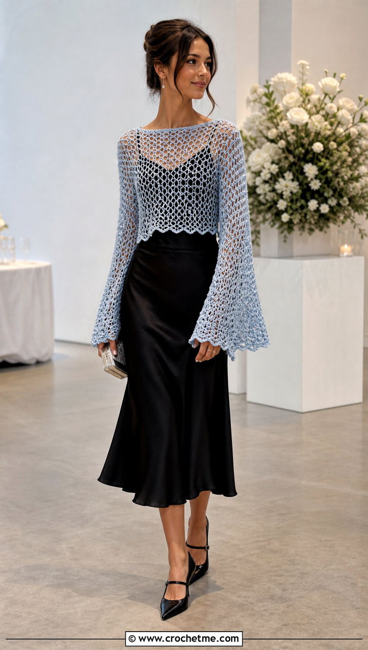 Wednesday Crochet Mesh Bell Sleeve Sweater With Satin Skirt - 15 Wednesday Crochet Sweater outfit ideas