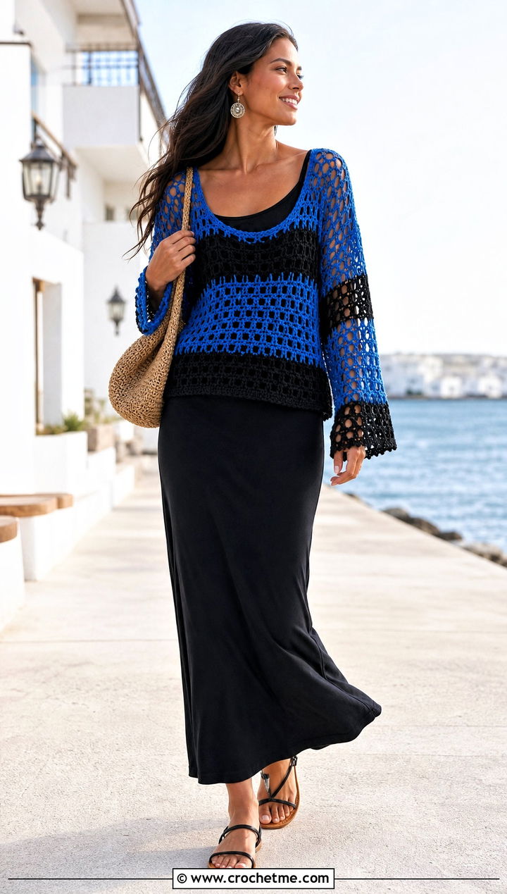 Wednesday Crochet Open Stitch Sweater With Maxi Skirt - 15 Wednesday Crochet Sweater outfit ideas