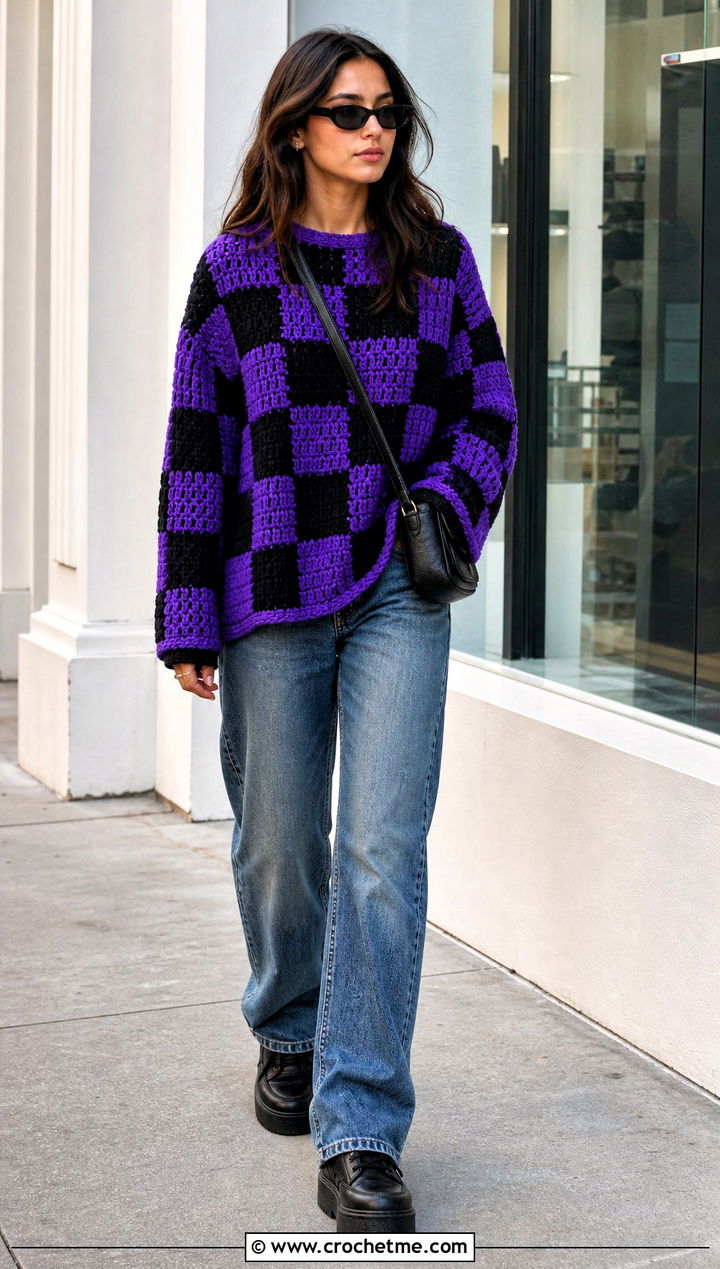 Wednesday Crochet Oversized Checkerboard Pullover With Straight Jeans - 15 Wednesday Crochet Sweater outfit ideas