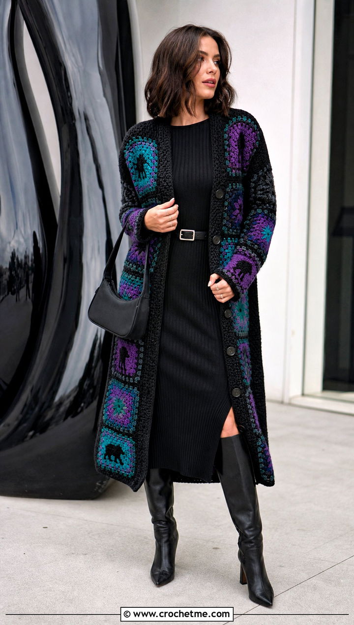 Wednesday Crochet Patchwork Cardigan Sweater With Black Dress - 15 Wednesday Crochet Sweater outfit ideas