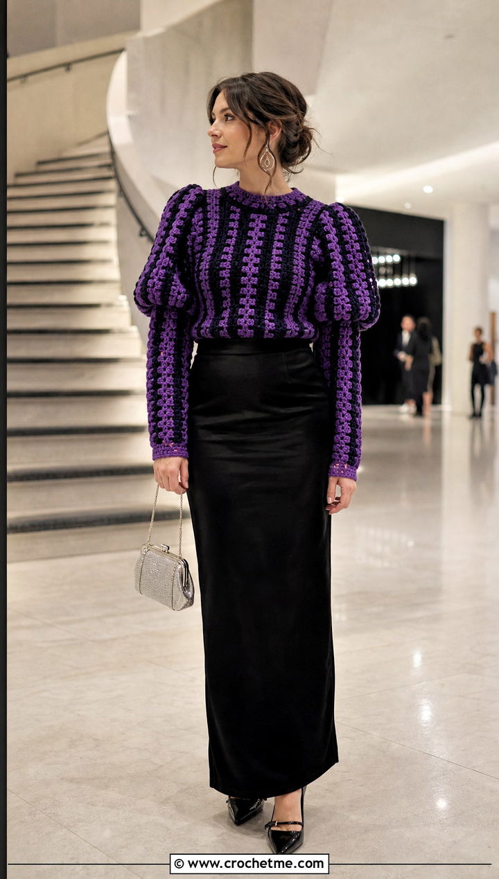 Wednesday Crochet Puff Sleeve Sweater With Black Maxi Skirt - 15 Wednesday Crochet Sweater outfit ideas