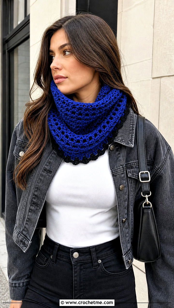 Wednesday Crochet Snood With Black Denim - 25 Wednesday Crochet Scarf outfit ideas