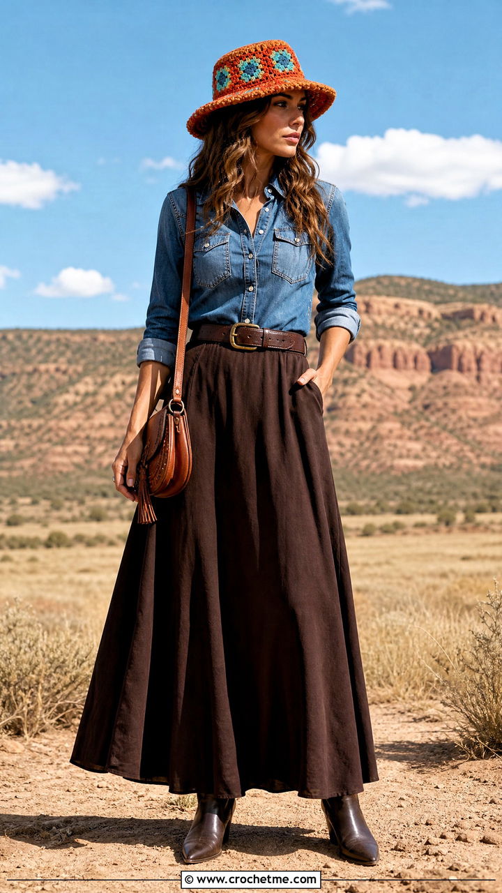 Western Granny Square Hat With Denim Shirt And Maxi Skirt - 35 granny square hat outfit ideas