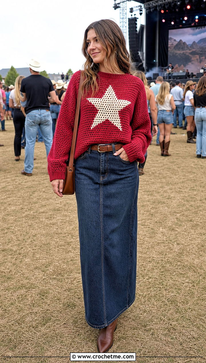 Western Star Crochet Graph Sweater With Denim Maxi Skirt - 30 crochet graph sweater outfit ideas