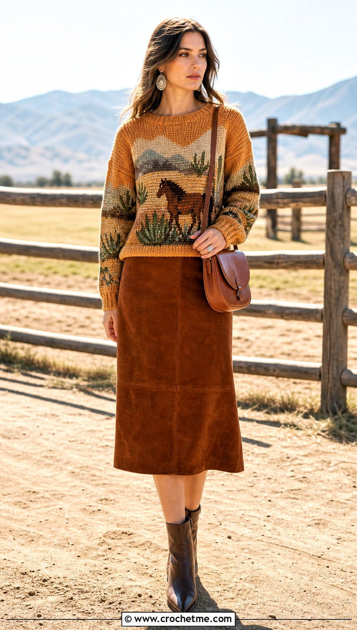 Western Tapestry Crochet Sweater With Suede Midi Skirt - 30 tapestry crochet sweater outfit ideas