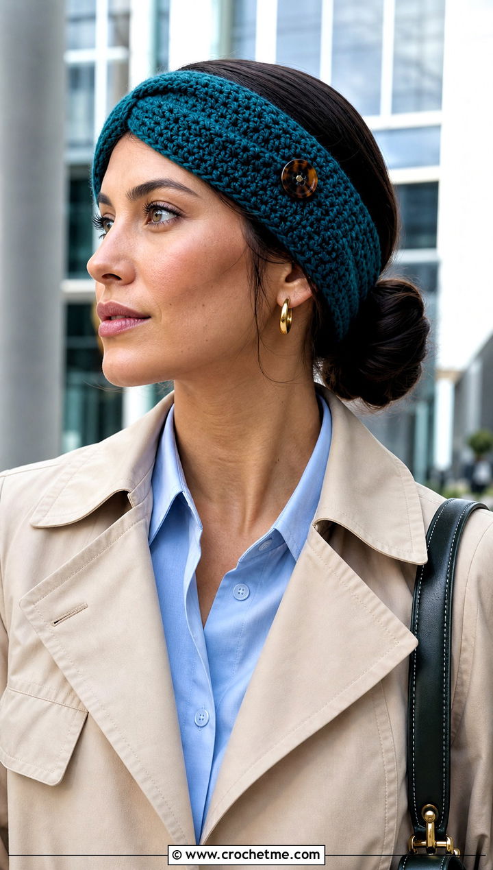Wheat Stitch Button Headband With Trench Coat - 15 Crochet Headband With Button outfit ideas