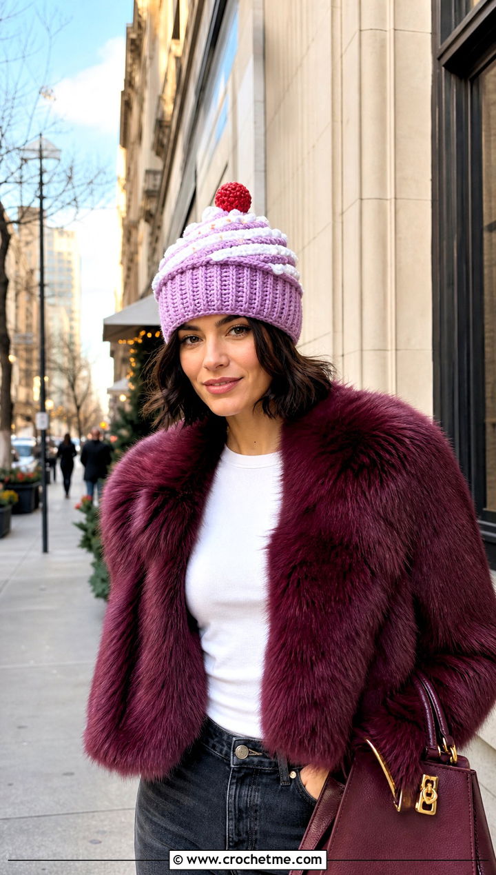 Whipped Cream Cupcake Crochet Hat With Faux Fur Jacket - 25 cupcake crochet hat outfit ideas