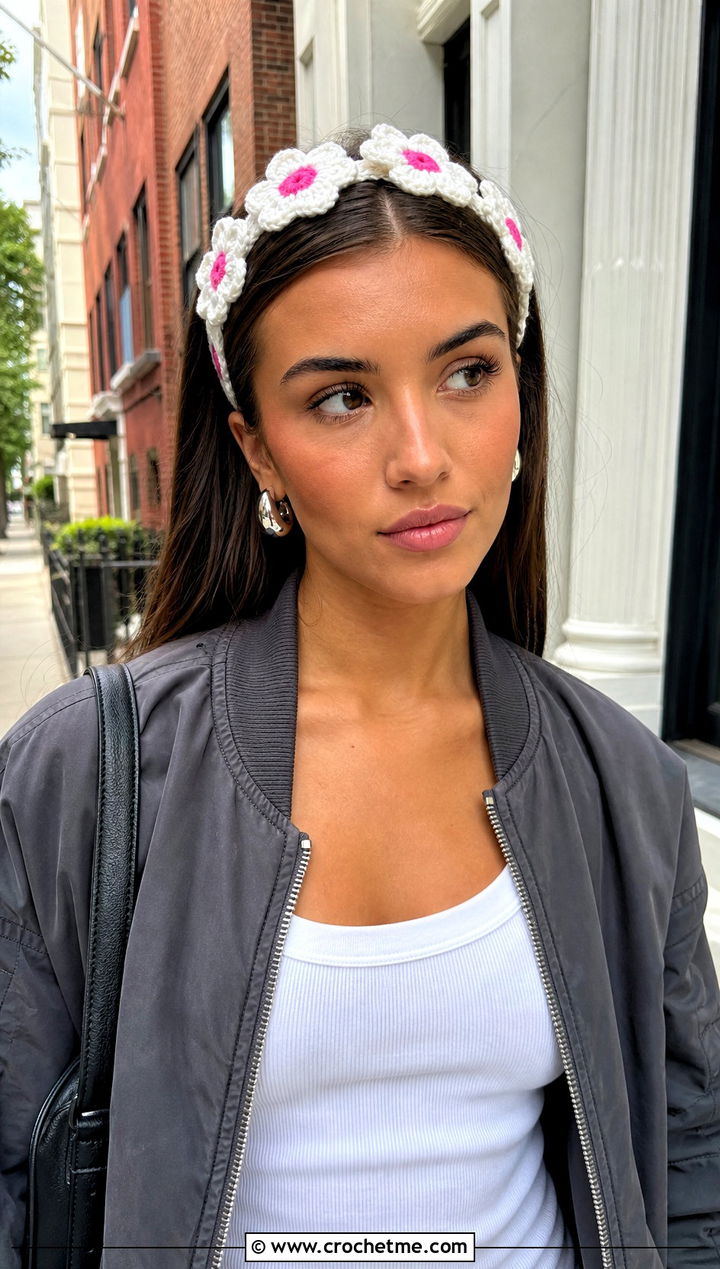 White D Petal Crocheted Flower Headband With Streetwear - 15 white crocheted flower headband outfit ideas