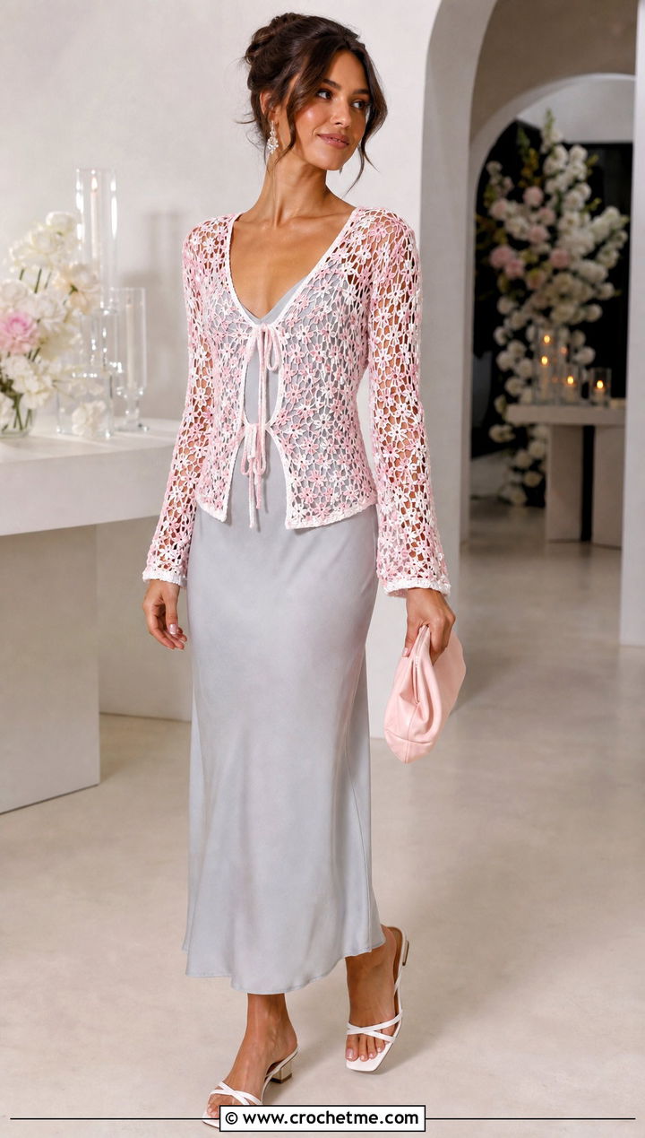 White And Pink Tie Front Crochet Top With Slip Dress - 25 white and pink crochet top outfit ideas
