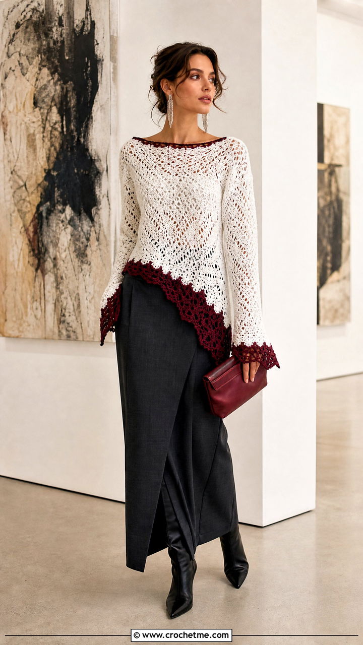 White Asymmetric Hem Crochet Sweater With Maxi Skirt - 35 white crochet sweater outfit ideas